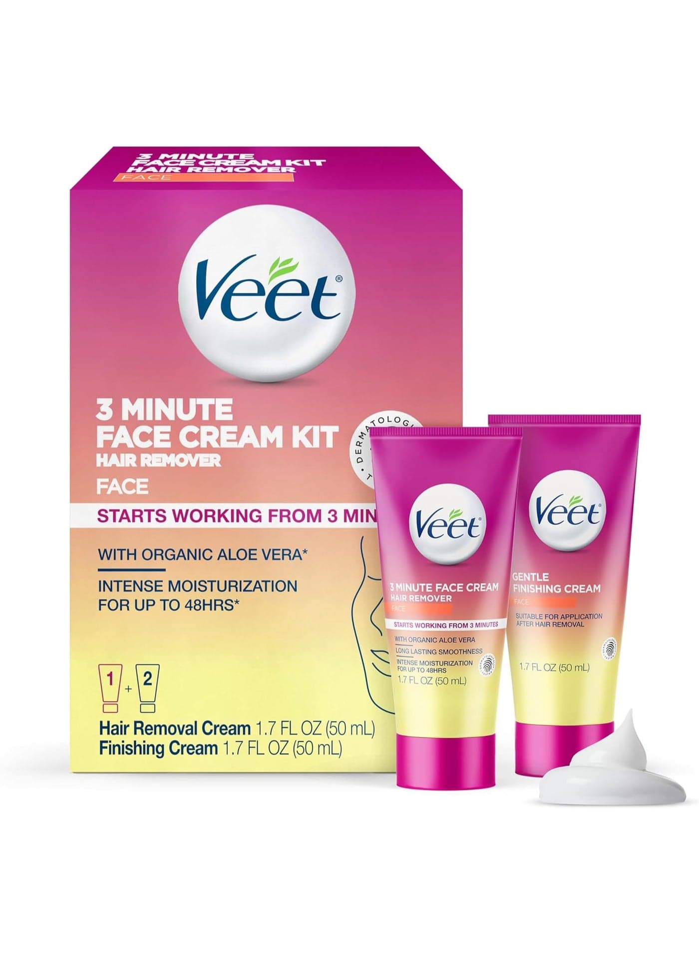 Veet 3 Minute Facial Hair Removal Cream for Women, Depilatory Cream with Organic Aloe Vera, 2 Piece Women's Facial Hair Remover Kit, 1.7 Fl Oz Remover + 1.7 Fl Oz Finishing