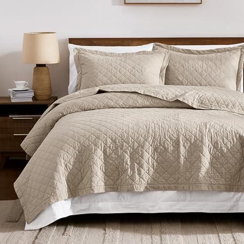 WDCOZY 100% Cotton Quilt Twin Size Bedspread, Pre-Washed 3-Piece Lightweight Soft Coverlet Set with 1 Pillow Shams, Farmhouse Design All Season Bedding Set, Beige