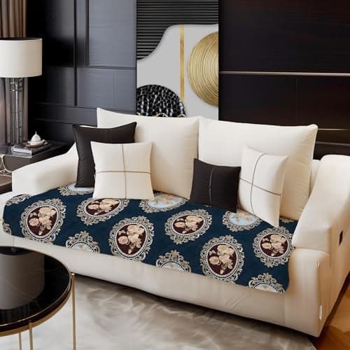 Decorian Premium Soft Quilted Velvet Sofa Cover Mat, Sofa Seat Runner for Couch (Blue Damask, 3 Seater)