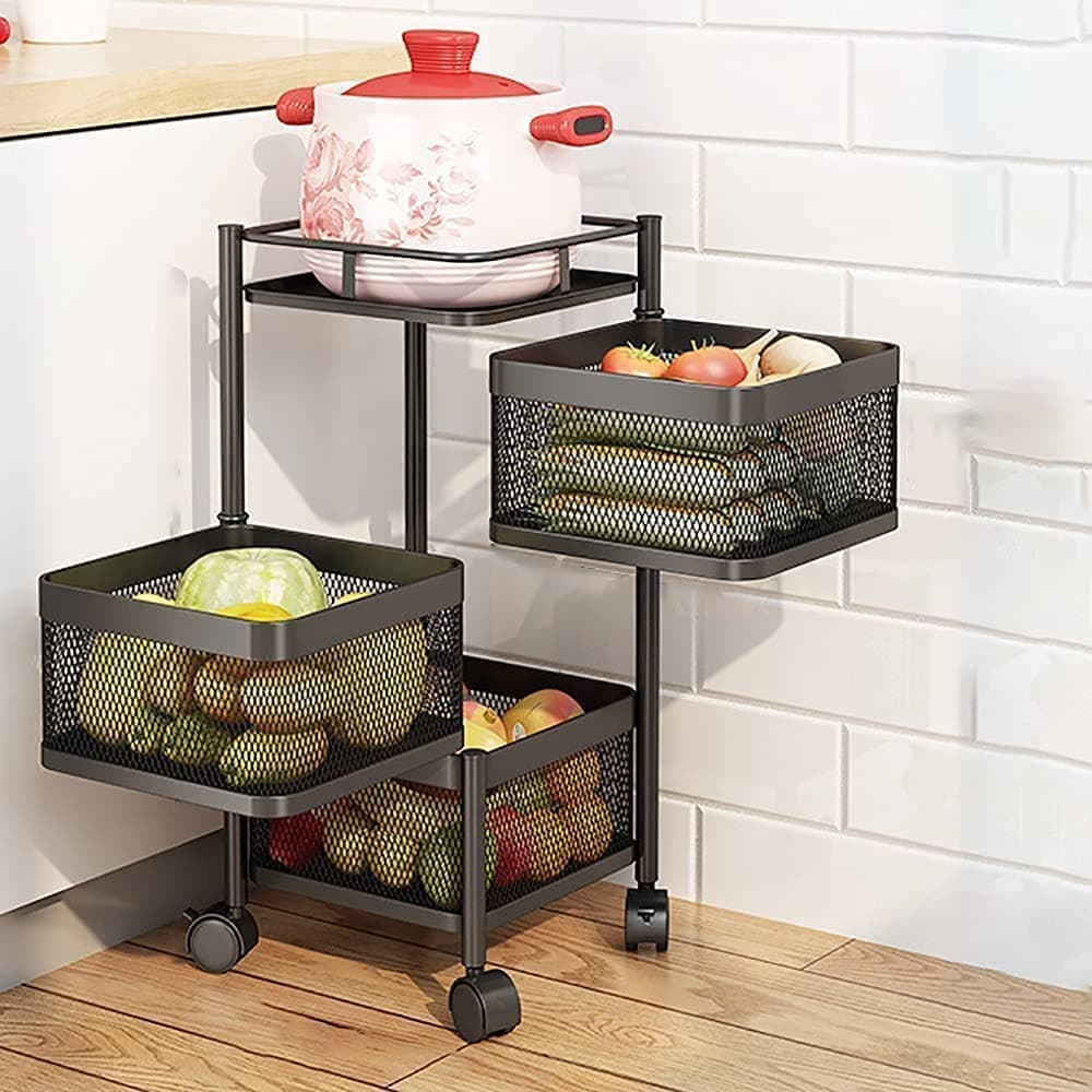 Privesh Metal Kitchen Trolley Kitchen Organizer ItemsKitchen Accessories Items For Kitchen Rack Square Design For FruitsVegetable Onion Storage Kitchen Trolley With Wheels Black 3 Layer