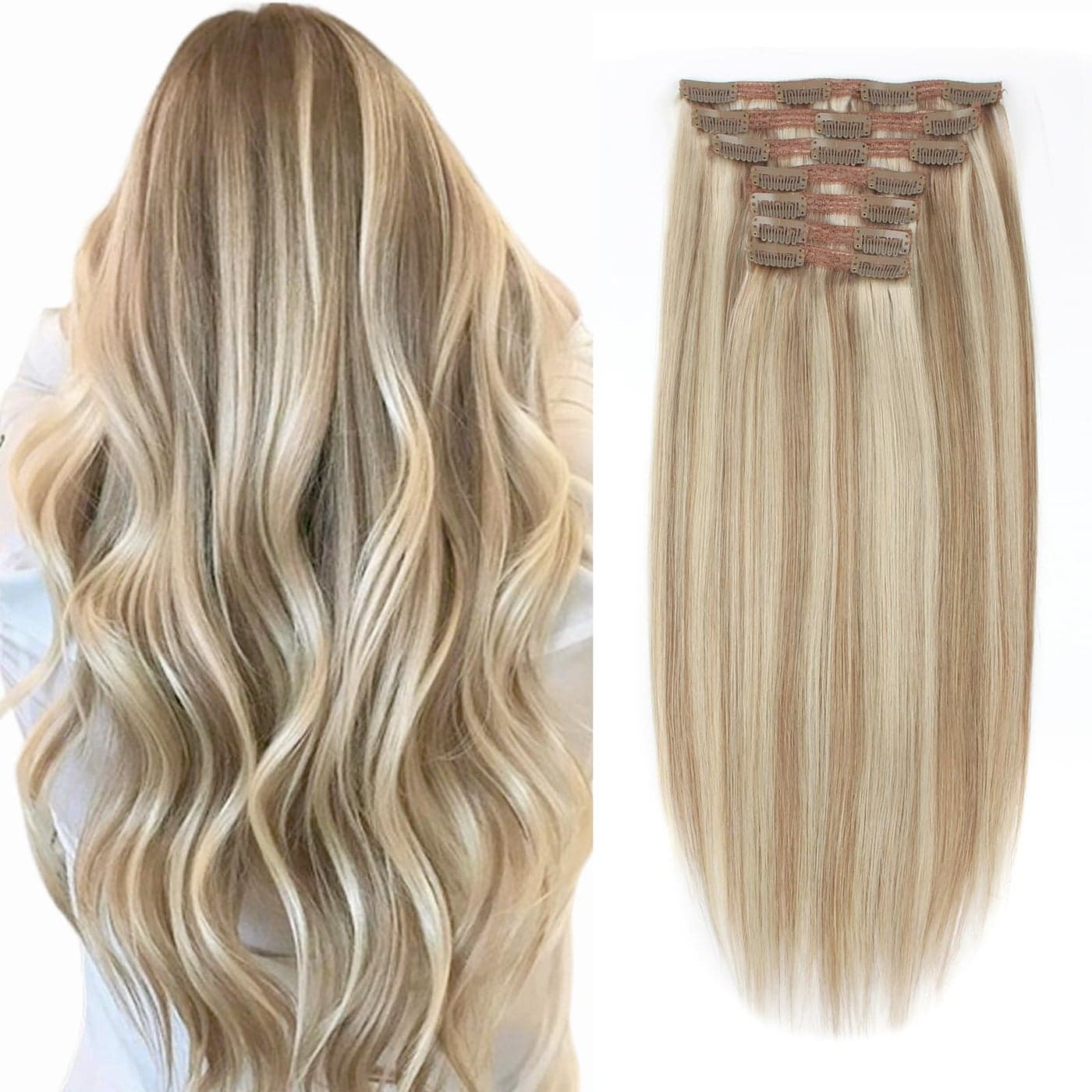 Sixstarhair Clip In Hair Extensions Balayage Ash Brown Fading to Ash Blonde 18inch 7 Pieces Natural Human Hair Invisible Lace Wefts Hair Extensions 140g per Pack Color P860 18inch