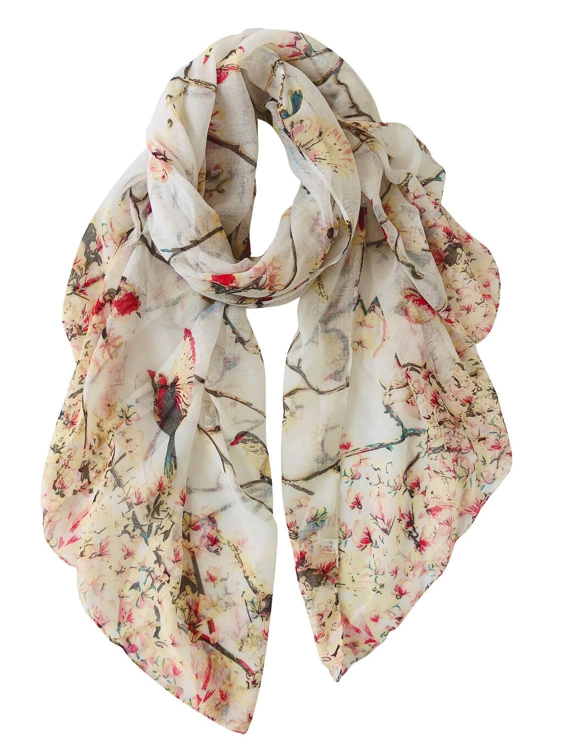 GERINLY Lightweight Scarves and Wraps Birds Florals Scarf for Women Christmas Gift Cardinal Accessories (Beige)