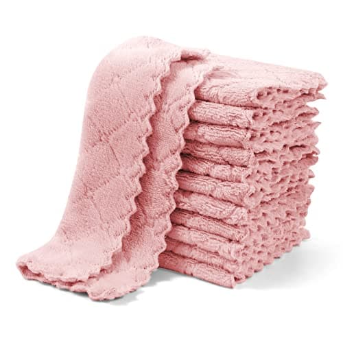 UMANI 12 Pack Kitchen Dish Cloths, Ultra Soft Absorbent Quick Drying Dish Towels, Nonstick Oil Microfiber Cleaning Cloth, Machine Washable Coral Fleece Cleaning Rags (Pink)