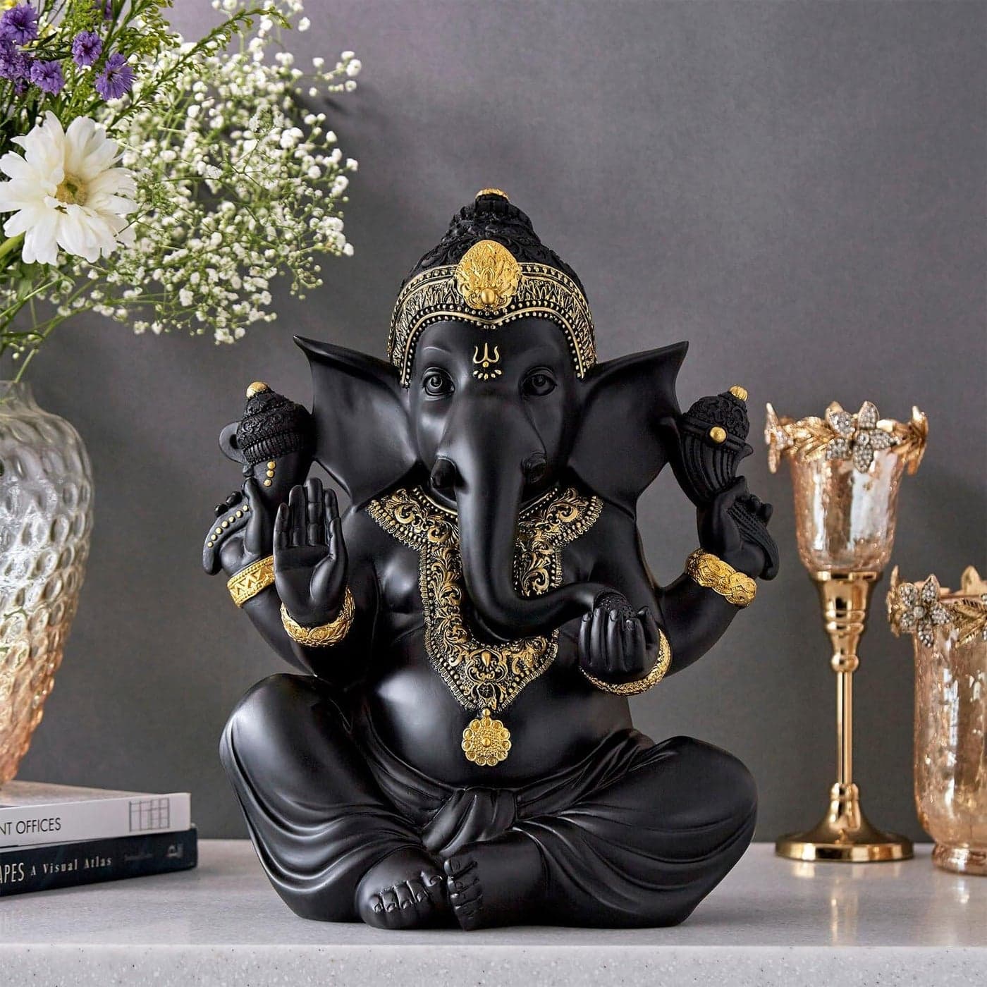 Karigaari India Handcrafted Polyresine Sitting Ganesha Figurine Marble Finish Ganesha in Ashirwad Murda Pooja Ghar Gifting Black
