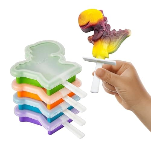 Tovolo Dinosaur Popsicle Molds for Kids Pack of 4 Dino Ice Pop Molds with Sticks Stackable Popsicle Molds or Toddlers BPA Free Silicone Fun Frozen Ice Popsicle Molds with Drip Guards