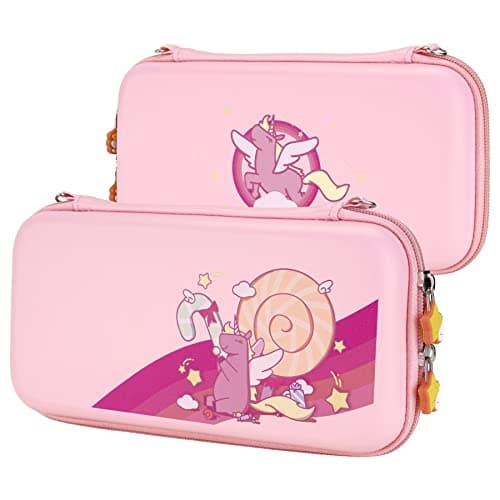 eXtremeRate PlayVital Pink Cute Carrying Case for Nintendo Switch Lite Thumb Grip Caps Candy Rainbow Unicorn Slim Travel Case for Switch Lite Portable Hardshell Girl Storage Bag Game Accessories