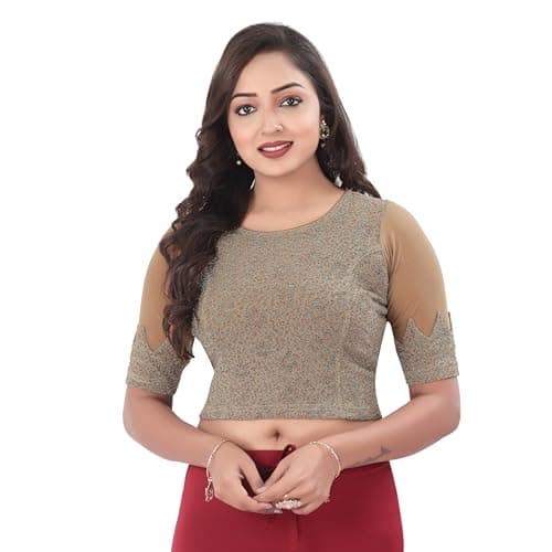DESI GIRL - Round Neck Jacquard Regular Fit Saree Blouse for Women | Half Sleeve Readymade Stretchy Embroidered Design Festive Blouse Perfect for Saree, Lehenga, Kurti | Chiku - 44