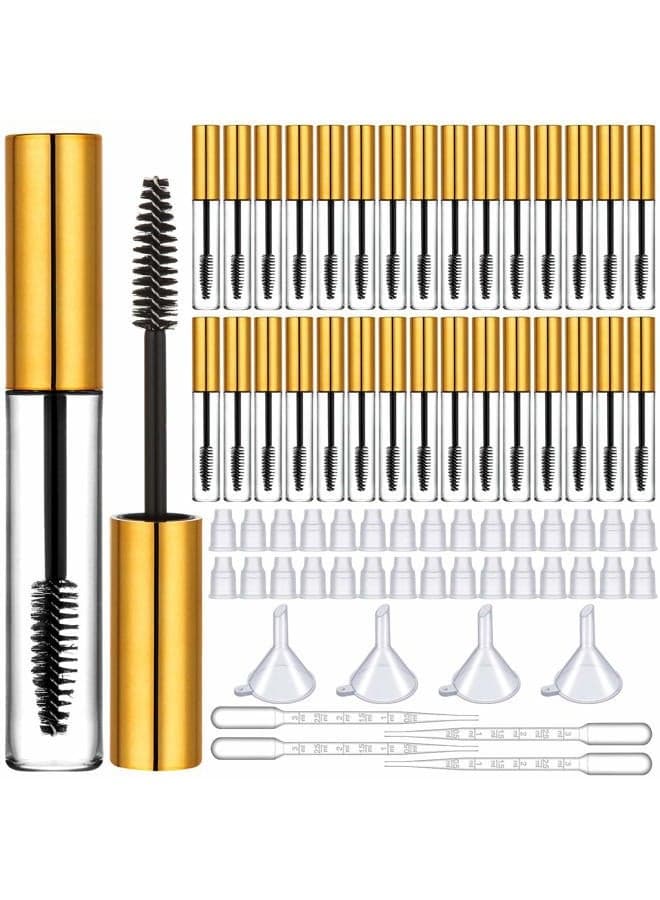 30 Pieces 10 ml Empty Mascara Tube and Wand Empty Mascara Containers Empty Eyelash Tubes Bottle with Rubber Inserts, 4 Funnels and 4 Transfer Pipettes for Mascara Samples (Golden)