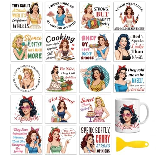 Peacoblue 18 Sheets Rub on Transfers for Crafts, Women with Humorous Quotes 3.6"x3.9" UV DTF Cup Wraps Waterproof Rub on Cold Transfers Stickers for Wood Glass Metal Cup Tumblers Mirrors Mugs Decor