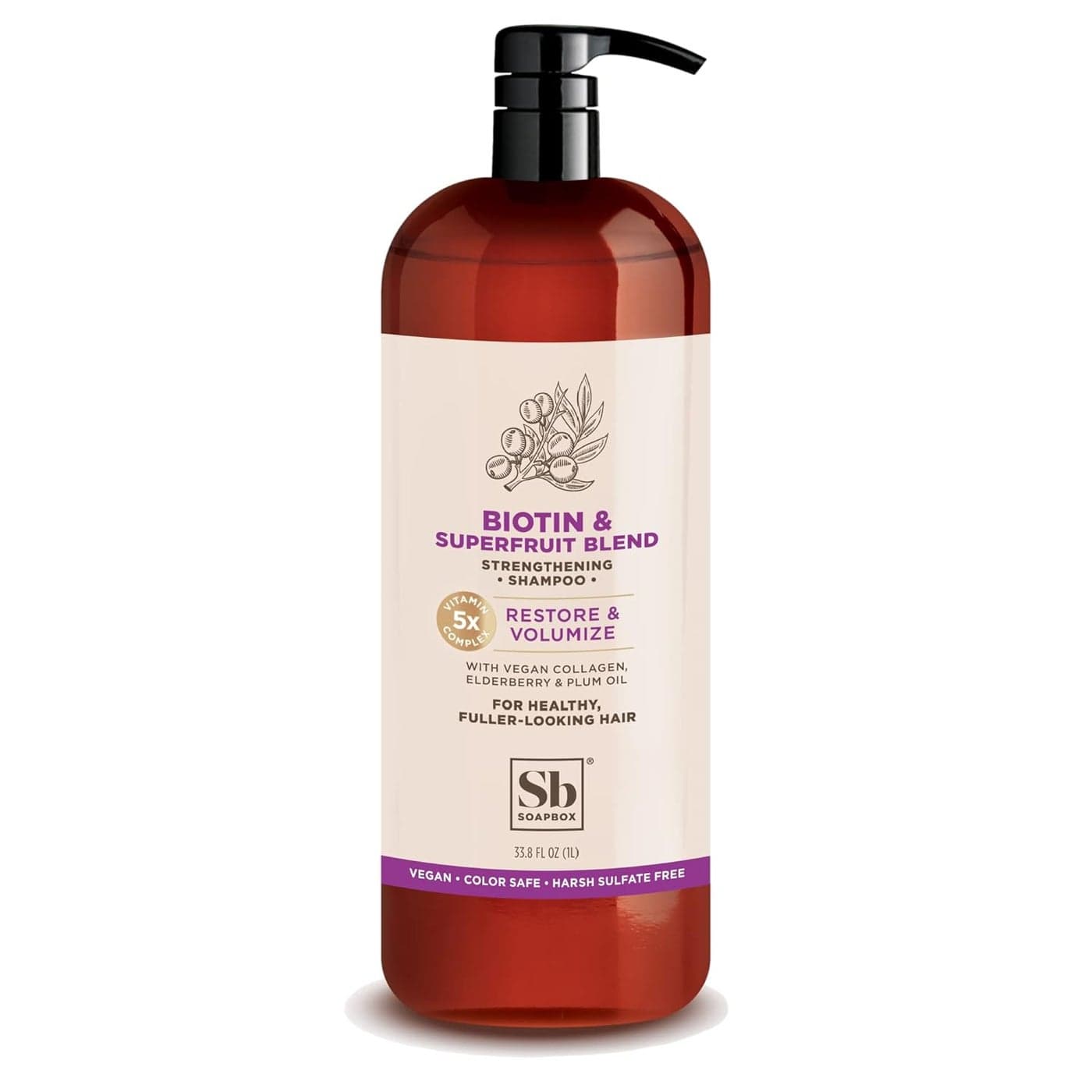 Soapbox Biotin Shampoo Biotin Collagen Super Fruit Shampoo for Thin Fine Thinning Hair Volumizing Repairing to Promote Hair Growth Strength Fullness 1 Liter Pump Bottle