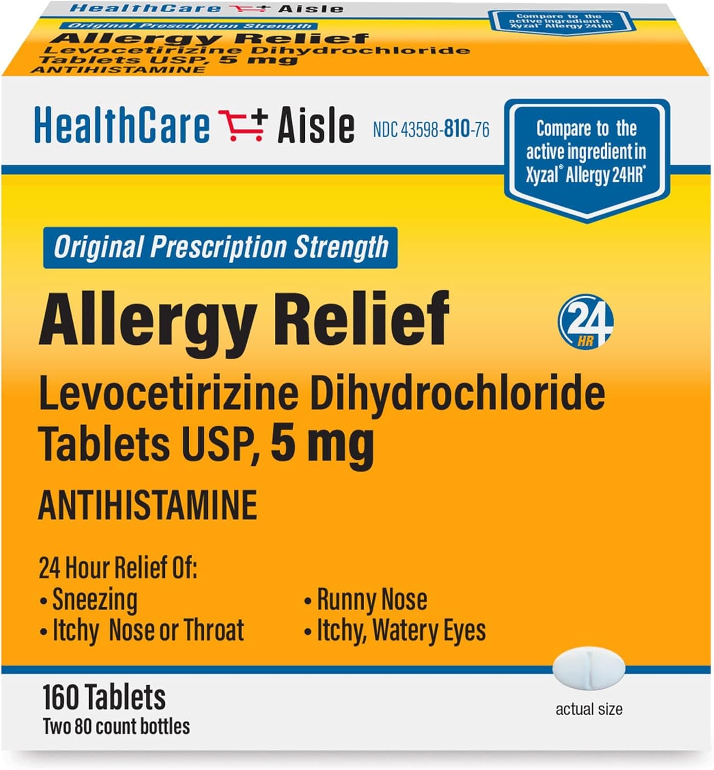 HealthCareAisle Allergy Relief Levocetirizine Dihydrochloride Tablets USP 5 mg 160 Tablets Original Prescription Strength Allergy Medication 24Hour Relief 80 Count Pack of 2