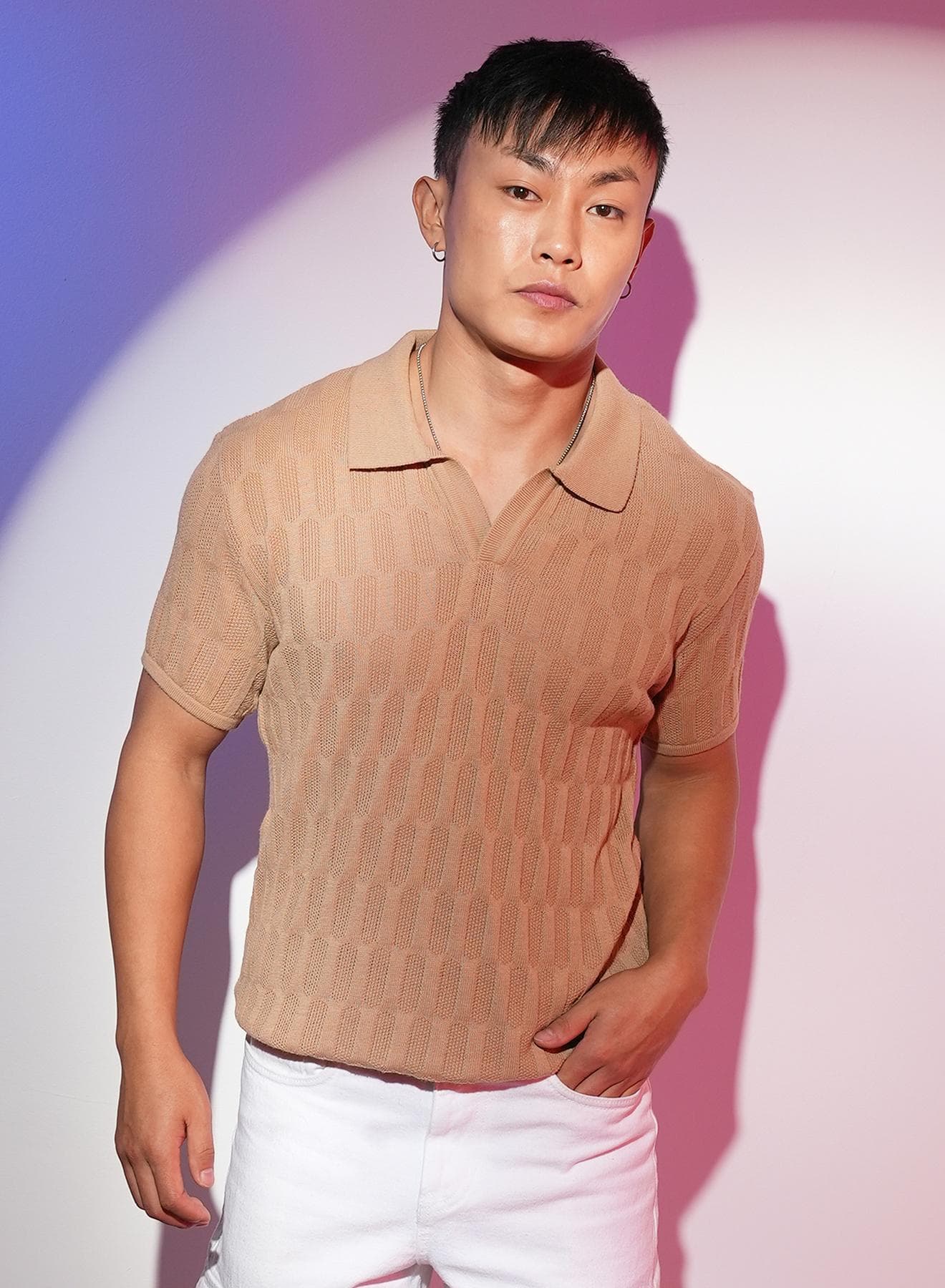 Men's Tan Brown Honeycomb-Textured Polo T-Shirt
