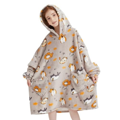 Fiosnow Cat Blanket Hoodies for Kids 6-13YR Oversize Wearable Blanket Hoodies for Boys Girls Teens