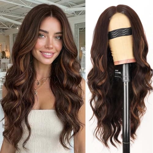 AISI HAIR Chocolate Copper Brown Mixed Light Brown Wig for Women Long Wavy Lace Hairline Middle Part Synthetic Heat Resistant Wig for Daily Party26 Inch
