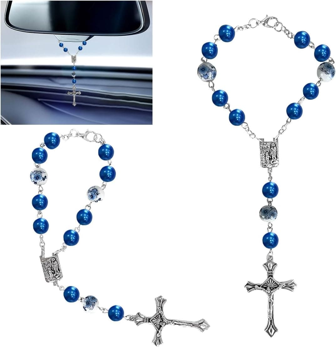 Smilfuy 2PCS Car Rosary with Blue Ceramic Beads