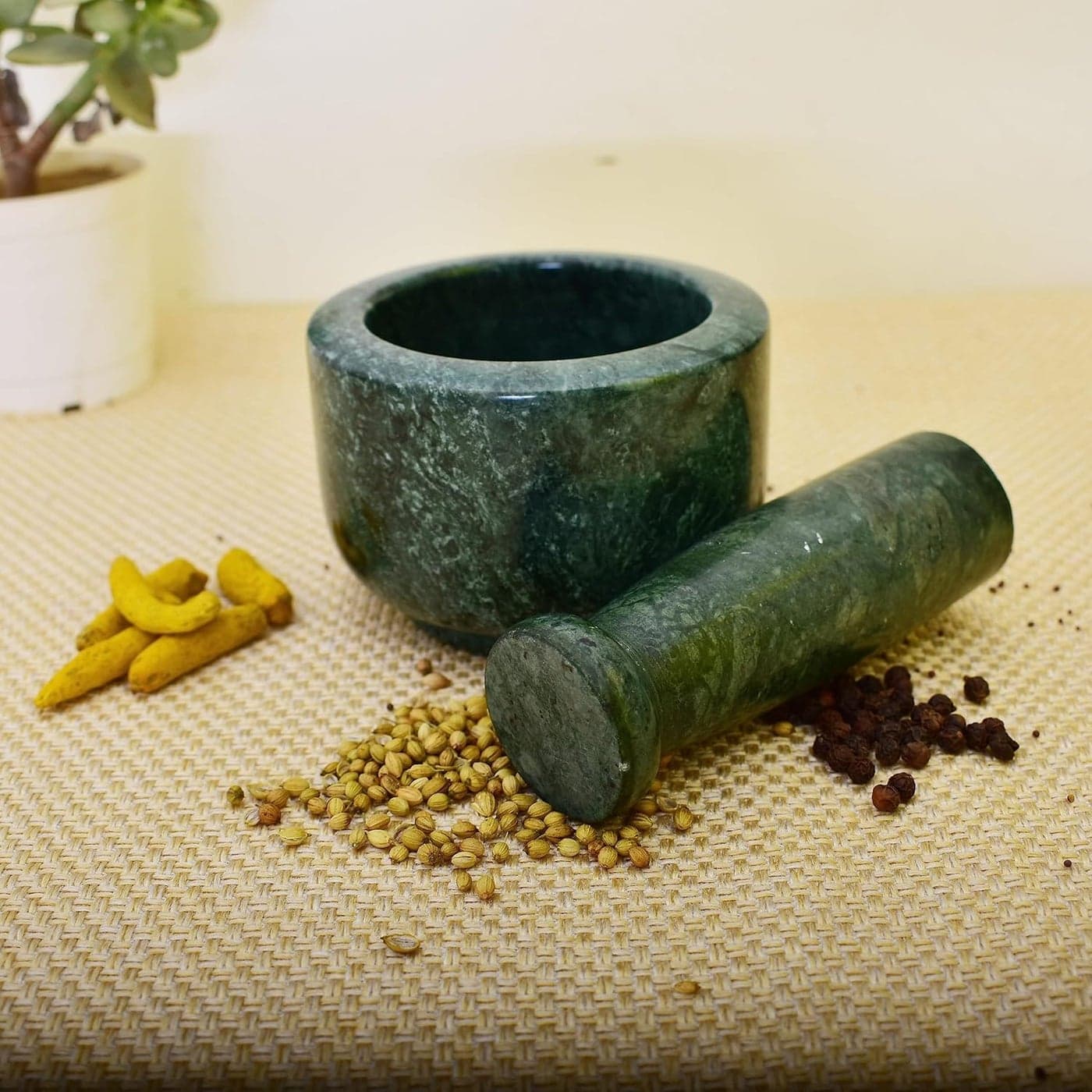 KunhaR Natural Green Marble Mortar and Pestle Set Imam Dasta Ohkli Musal Kharal 4 x 25 Inches Green Full Polish
