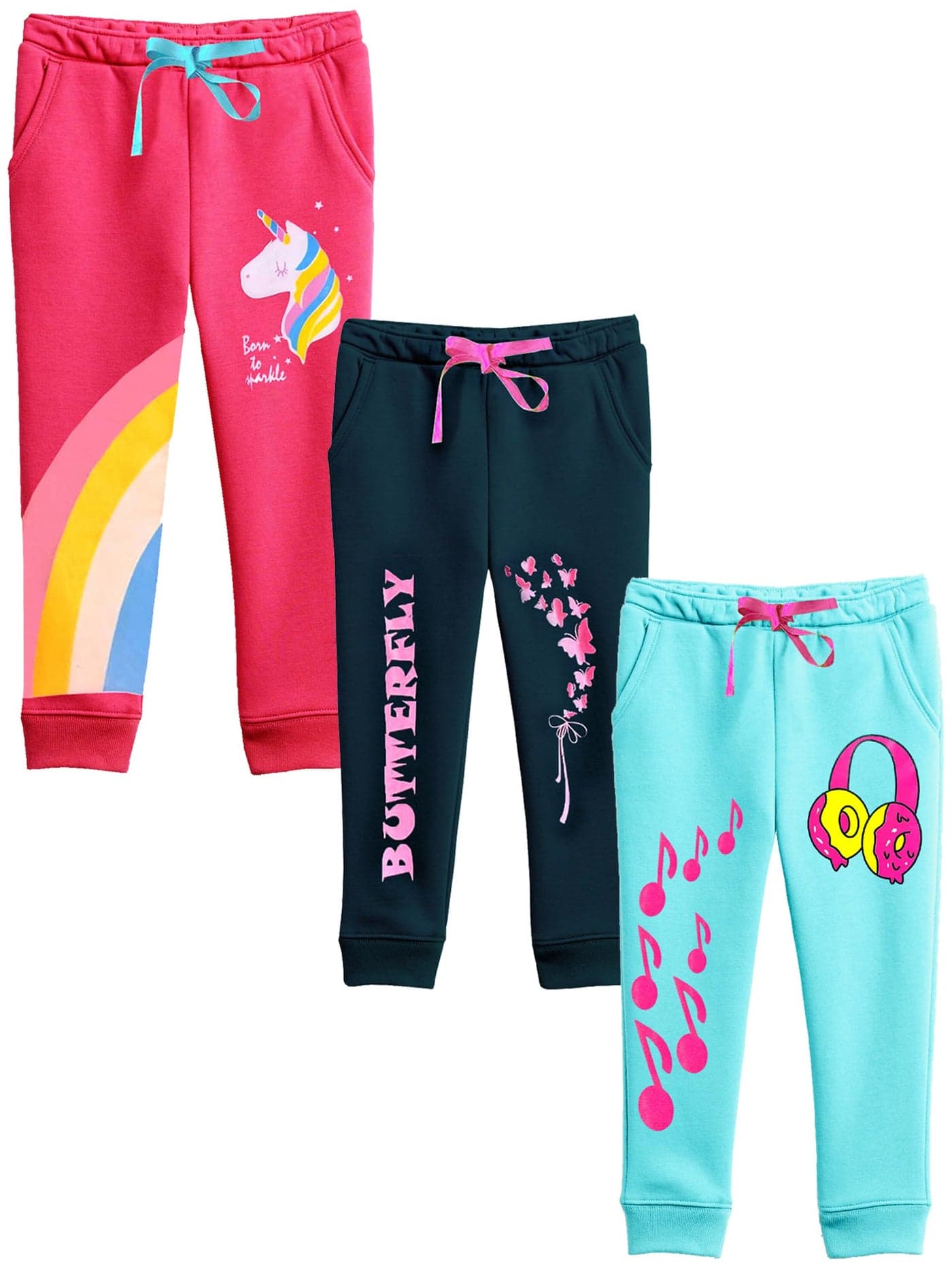 Kuchipoo Girls Regular Fit Mid Rise Trackpant - Pack Of 3 (Kuc-Low-133, 5-6 Years, Multi-Colored)