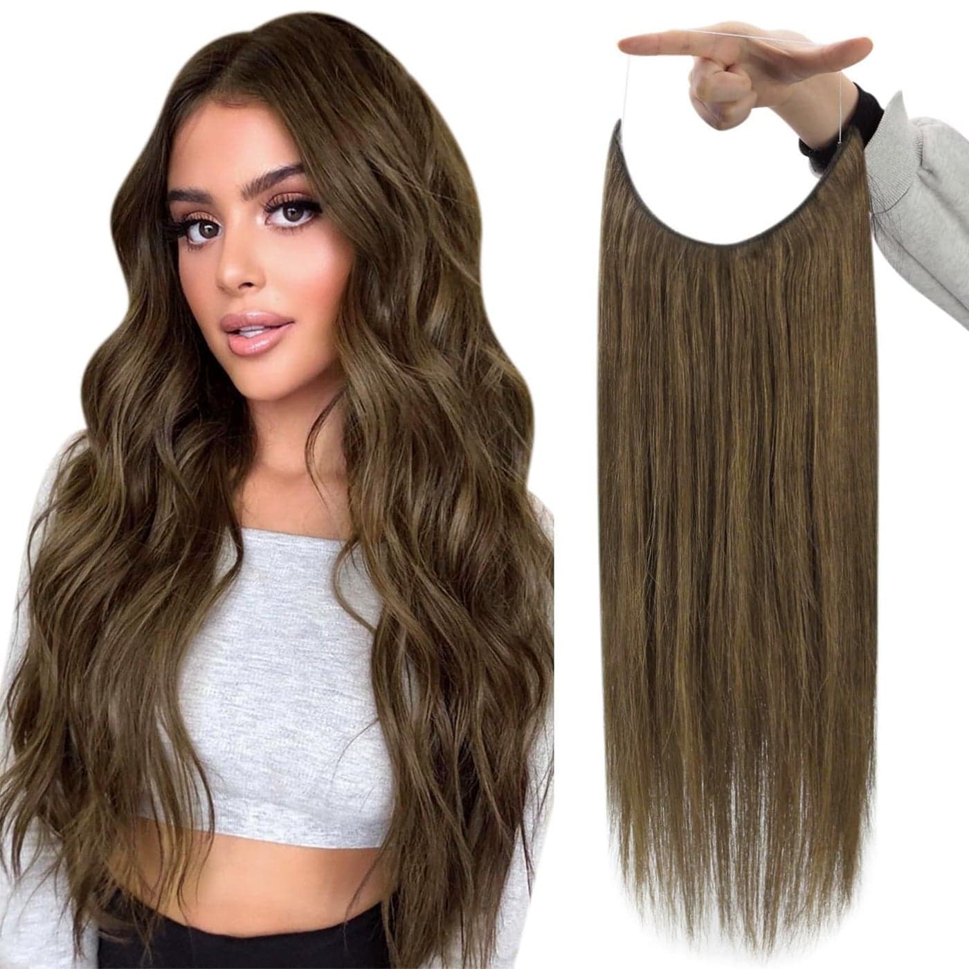 Fshine Invisible Wire Hair Extensions 14 Inch Brown Layered Hairpiece Adjustable Fishing Line Hair Extensions Clip in One Piece Human Hair Natural Add Volume for Women