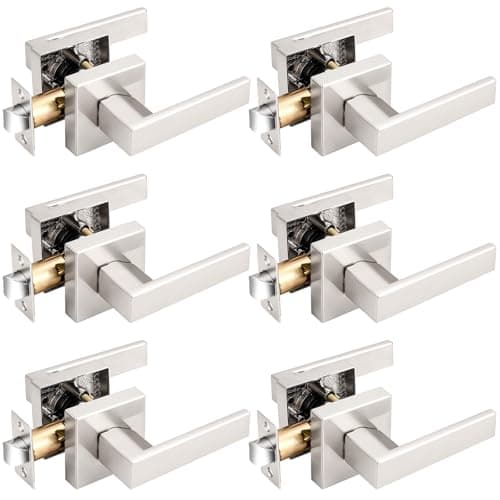 Probrico Interior Brushed Nickel Door Handle, Heavy Duty, Flat Square Passage Door Handles, Keyless Door Levers Lockset for Closet and Hallway (6 Pack, Modern)