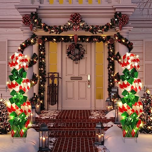 Skylety 2 Sets Christmas Peppermint Cane Candy Outdoor Decorations with 44 Inch Lawn Yard Stake with LED String Lights for Green Christmas Front Door Home Farmhouse Garden Outside Party(2 Sets)