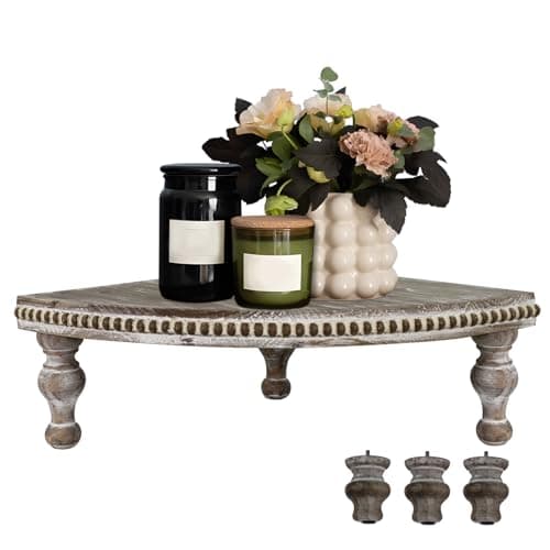 MAONAME Vintage Brown Corner Pedestal Stand, Rustic Decorative Riser for Display, Farmhouse Wood Corner Counter Shelf with Beaded