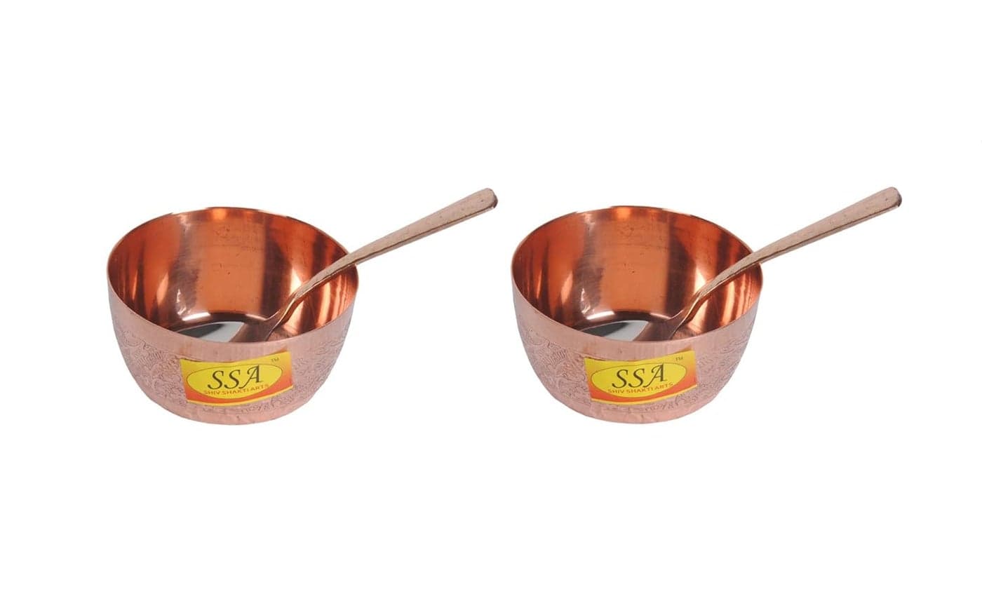 SHIV SHAKTI ARTS Handmade Pure Copper Embossed Design Katori Bowl with Spoon Serving Indian Home Food Homeware EachSet of 2