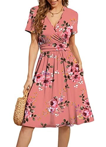 WEACZZY Womens Summer Short Dress Midi Dress Empire Waist Dresses for Women Flowy Dress Floral Sundress with Pockets,Floral Pink,S
