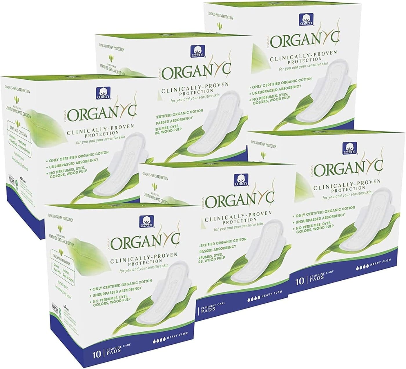 Organyc 100% Certified Organic Cotton Feminine Pads with Wings, Heavy Flow/Absorbency, 10 Count (Pack of 6)