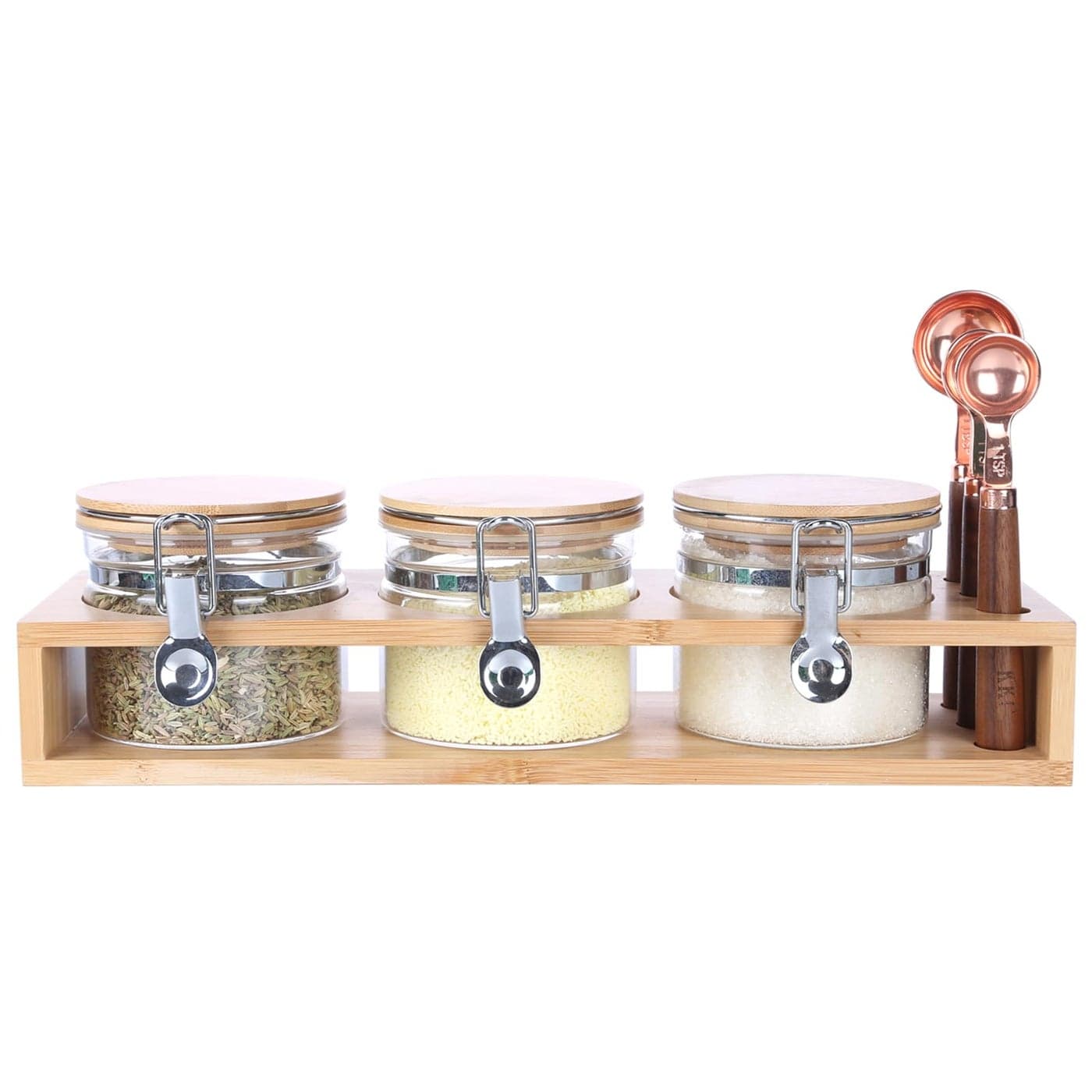 KKC HOME ACCENTS Airtight Glass Storage Jars with Bamboo Clamp LidsAir Tight Glass Jars with Scoops for CoffeeTeaSugarFlourSaltCountertop Sealed Containers16 Floz