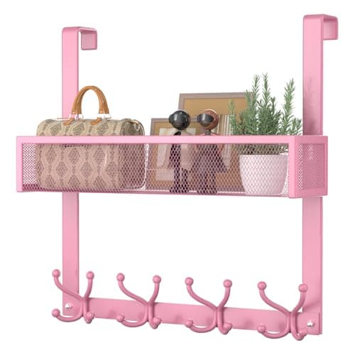 Consumest Over The Door Hooks Organizer - Over Door Hanger with 16 Hooks & 2 Baskets for Hanging Coat, Clothing, Towel, Back Storage for Bathroom, Closet, College Dorm, Pink