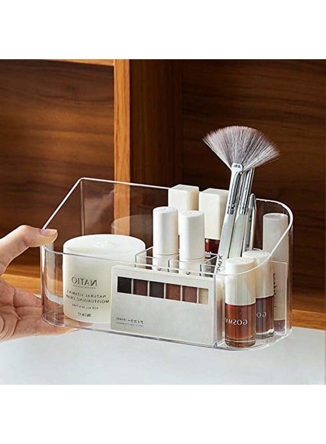 Makeup Tray Holder Organizer Cosmetic Display Case Tabletop Desktop Vanity Countertop Bathroom Wall Cabinet Medicine Storage Box 9 Dividers 2 Removable for Womens Ladies Girls Crystal Clear
