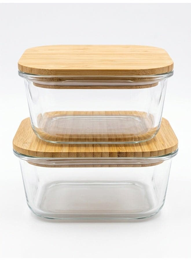 Set of 2 - 800ml High Borosilicate Glass Food Container with Natural Bamboo Lid | Airtight Leakproof | Microwave Oven Freezer Dishwasher Safe | BPA Free Meal Prep Storage Box