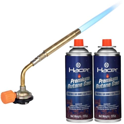 HACER Butane Brazing Blow Torch Single LPG Nozzle with 2 Butane Gas Canisters Multipurpose Heat Gun For Outdoor Use Cooking Copper Pipe Welding Camping Jewelry Repair Work Tool Burner
