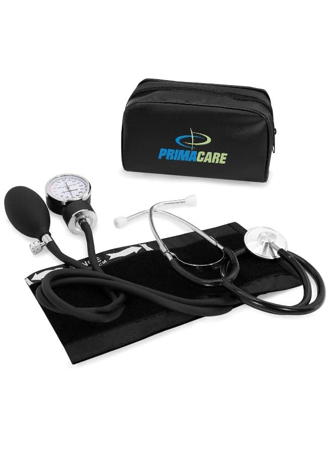 PrimaCare Medical DS9197BK Professional Classic Series Manual Adult Size Blood Pressure Kit Emergency Bp kit with Stethoscope and Portable Leatherette Case Nylon Cuff Black