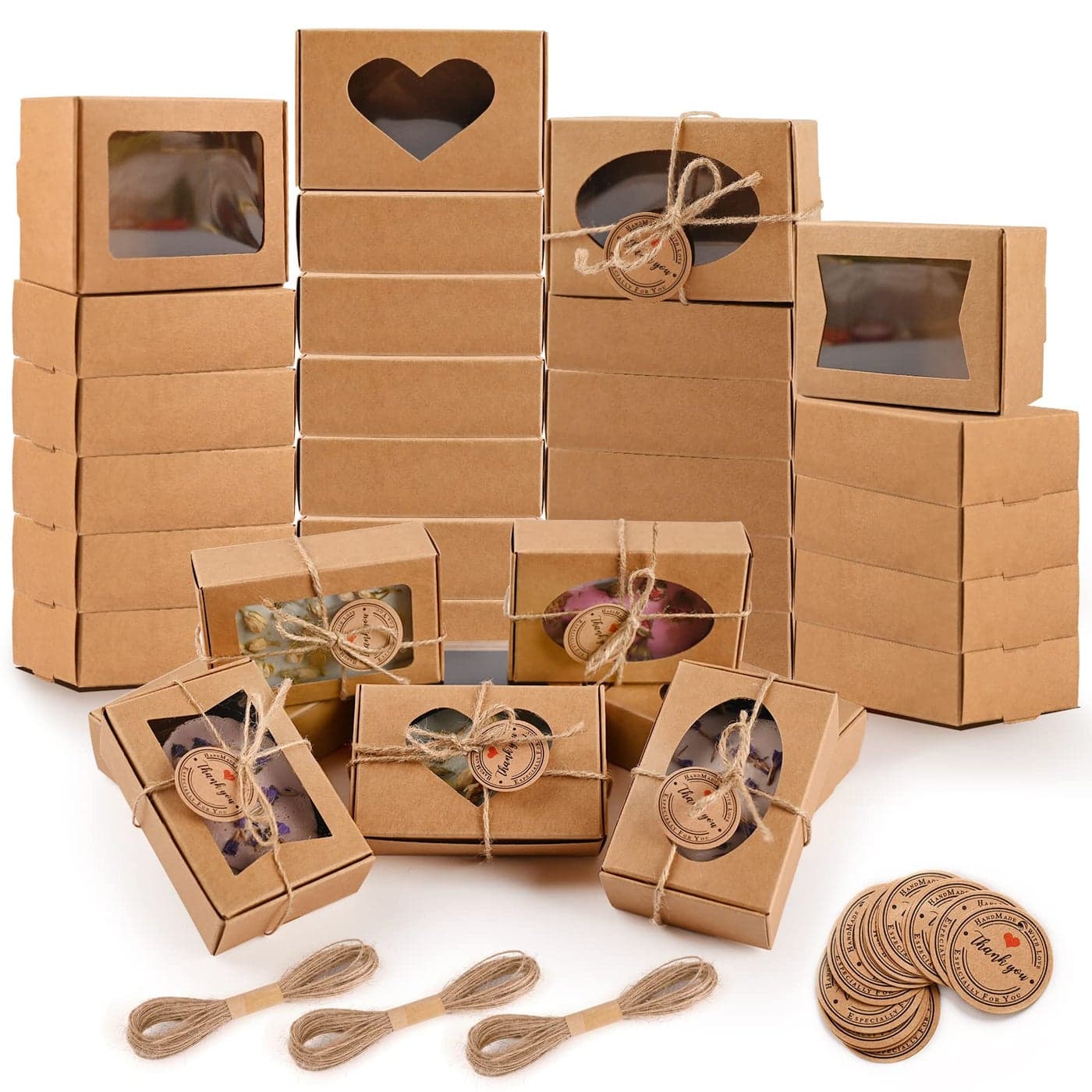 Moukiween 32 PCS Brown Soap Boxes for Homemade Soap 354 X 236 X 118 Inch Soap Packaging Gift boxes with Window Small Rectangular Soap Wrapping Boxes Brown