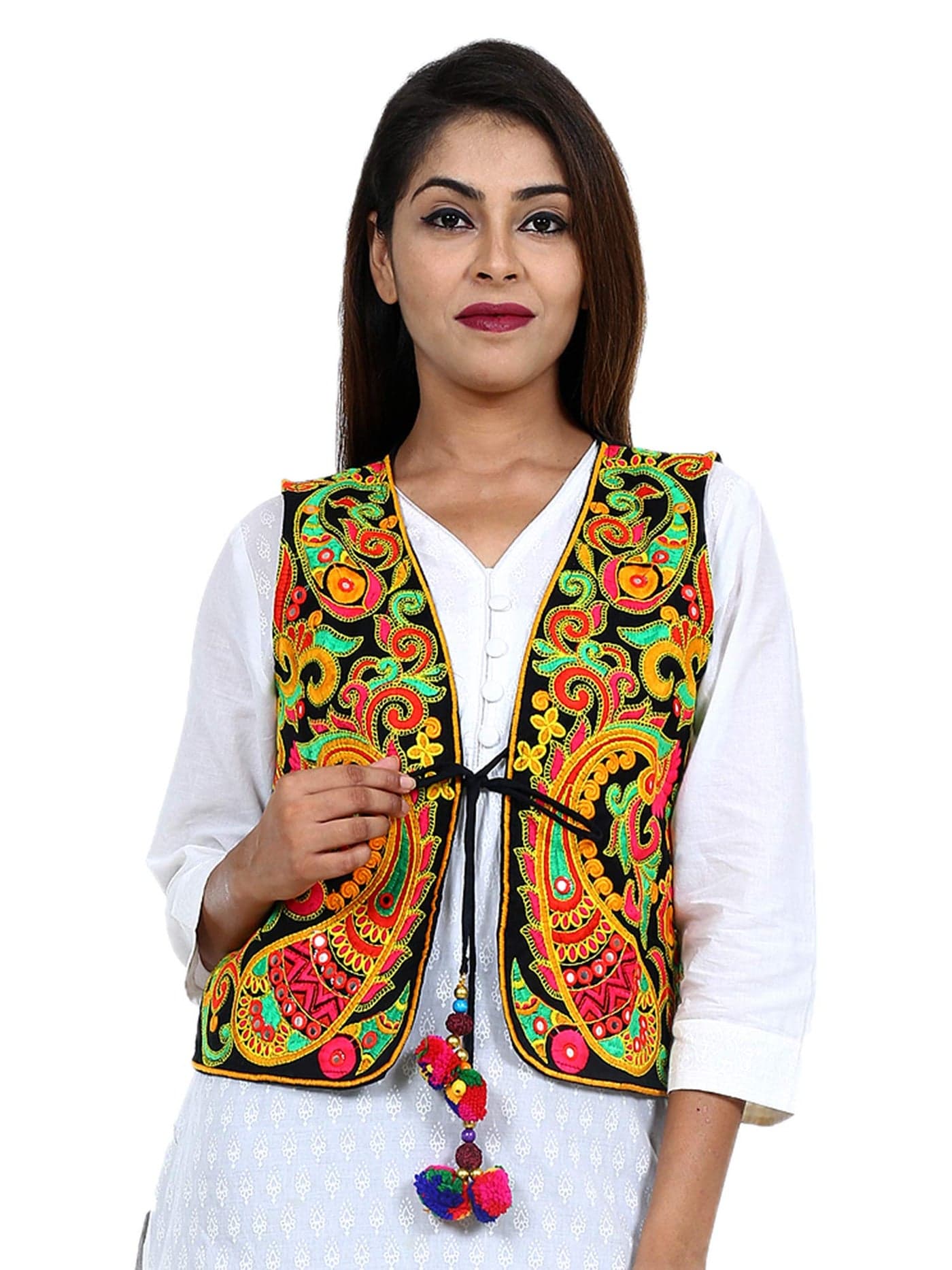 Craft Trade Ethnic Standard Length Jacket For Women Waist Coat Stylish Cotton Handmade Navratri Traditional Rajasthani Embroidered Mirror Work Gujrati Kutchi Koti For Girls - Bust Size 34-38 Inches