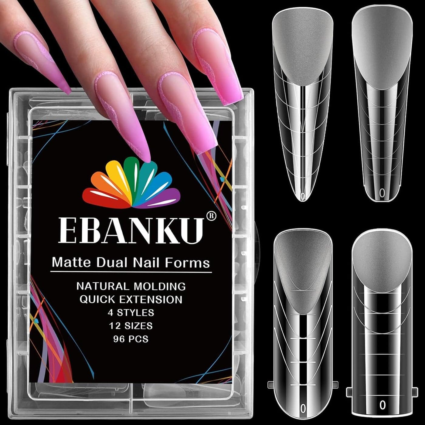 EBANKU 96PCS Clear Dual Nail Forms System Full Cover Nail Mold Tips Acrylic Nail Extension Tools for Nail Art Salon Nails Design4 Styles