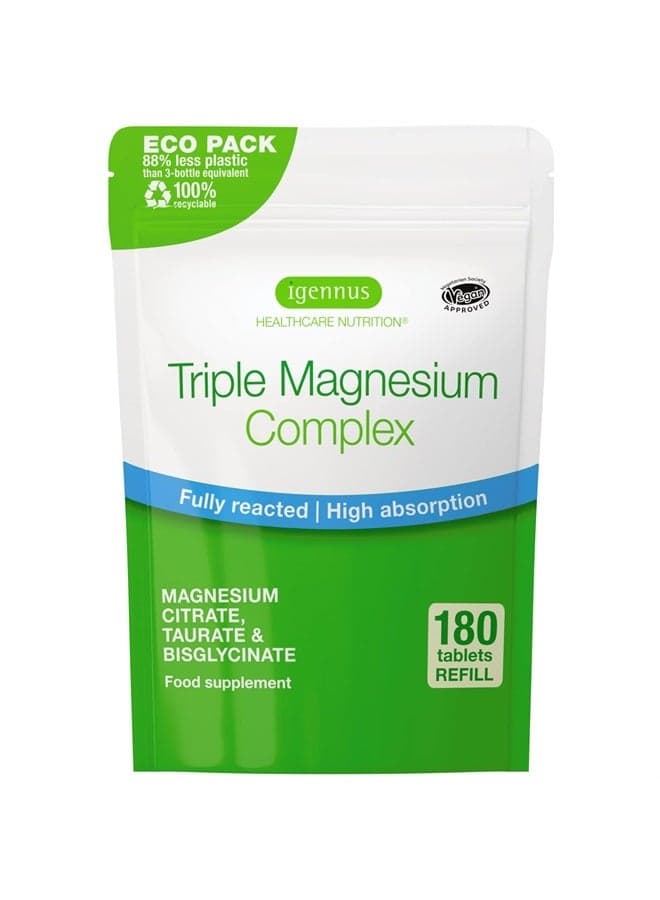 Triple Magnesium Complex, High Absorption Chelated Glycinate, Taurate & Citrate, 180 Tablets, for Sleep, Stress, Migraine, Vegan, Non-Buffered, Pure & Oxide-Free, by Igennus