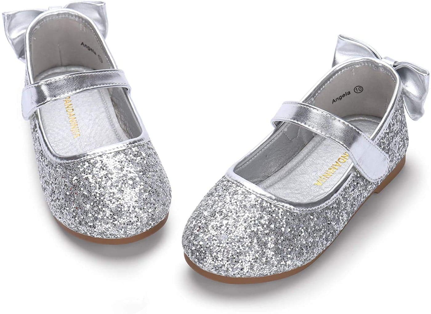PANDANINJIA Toddler/Little Kid Girl's Angela Dress Mary Jane Ballet Flats Bow Flower Girl Wedding Party Ballerina Flat Shoes (Silver Sequin, 10 M US Toddler)
