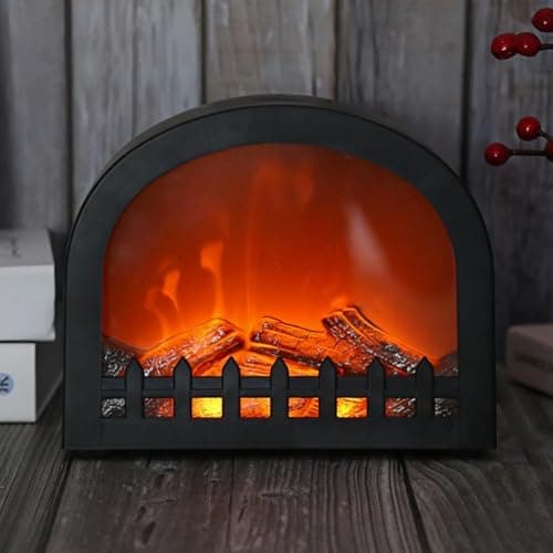 Small Cozy Fireplace Lantern Traditional Realistic Log Wood Burning Flame Effect Ligh LED Charcoal Style Table LampFor Indoor Outdoor Use48X48X49
