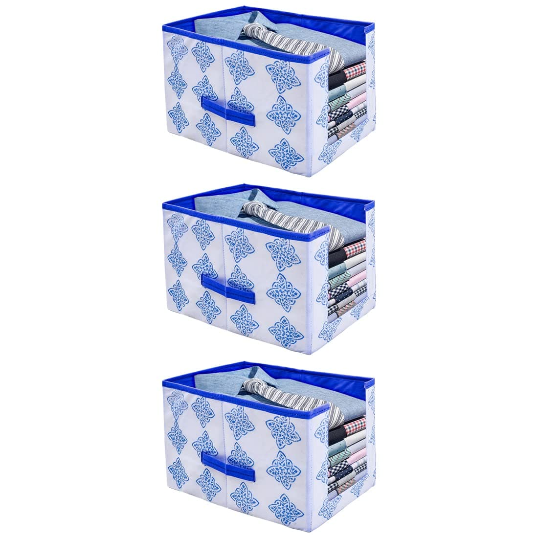 Whitekrafts Shirt Stacker Wardrobe Organizer Shirt Storage Bin clothing covers for closets Printed Fabric Combo 3 Pcs