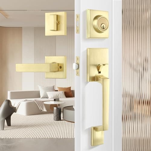 Leydebong Gold Entry Door Handle and Single Cylinder Deadbolt Lock and Key Brushed Brass Front Door Lock Heavy Duty Square Locking Lever Set Exterior Door Handle