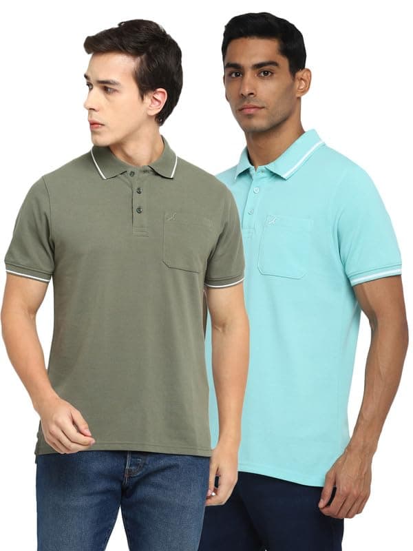 AMERICAN CREW Polo Collar T-Shirts with Pocket Combo Pack of 2 (AC28-L_Light Olive & Aqua)