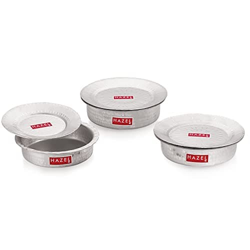HAZEL Aluminium Langdi Patila Pot with Lid Hammered Finish Round Bottom Boiling Tope Vessels Bhagona Dekchi (3, 1700 ML, 2100 ML, 2700 ML)