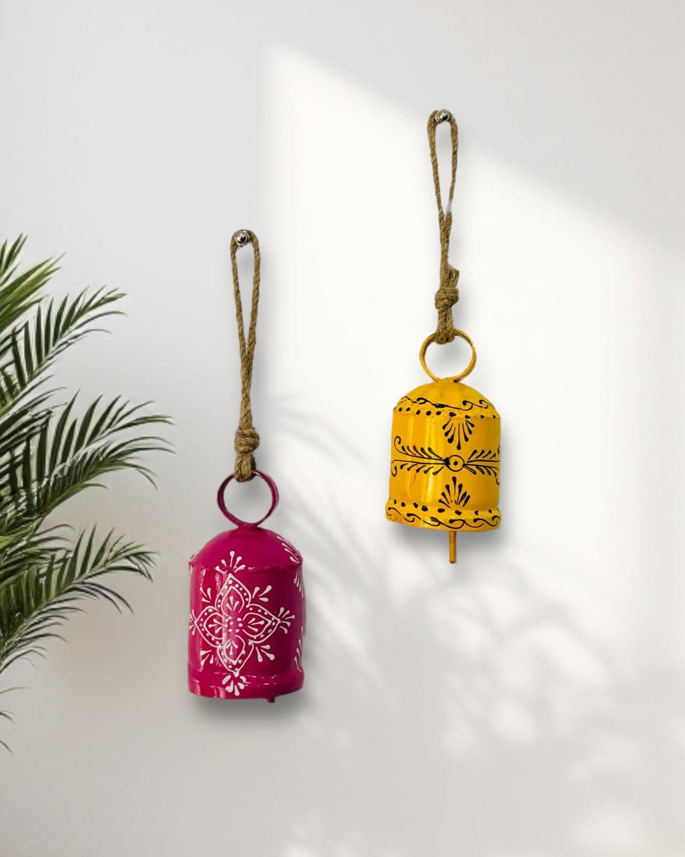 WARMINGO DE 2 PC Bell Wall Hanging Decor | Garden Tree Hanging Bells Decoration | Handpainted Hanging Ornaments for Home Living Room Wind Chime (Pink & Yellow)