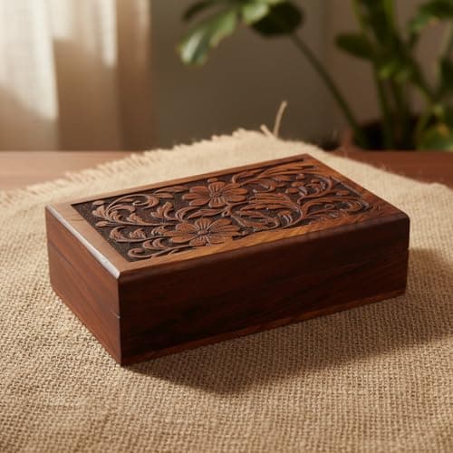 RGrandsons Handmade Wooden Keepsake Storage Box Jewelry Trinket Holder Organizer Floral Hand Carvings with Brass Inlay (Size: 6.0x4.0)