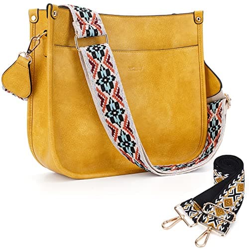 HKCLUF Crossbody Bags for Women Trendy Vegan Leather Hobo Handbags With 2 Adjustable Guitar Strap Crossbody Bucket Purse for Women(Yellow)
