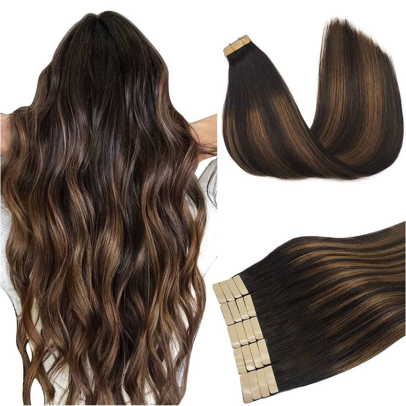 DOORES Tape in Hair Extensions Human Hair 50g 20pcs 18 Inch Balayage Natural Black to Chestnut Brown Remy Hair Extensions Tape in Straight Skin Weft Natural Hair Extensions