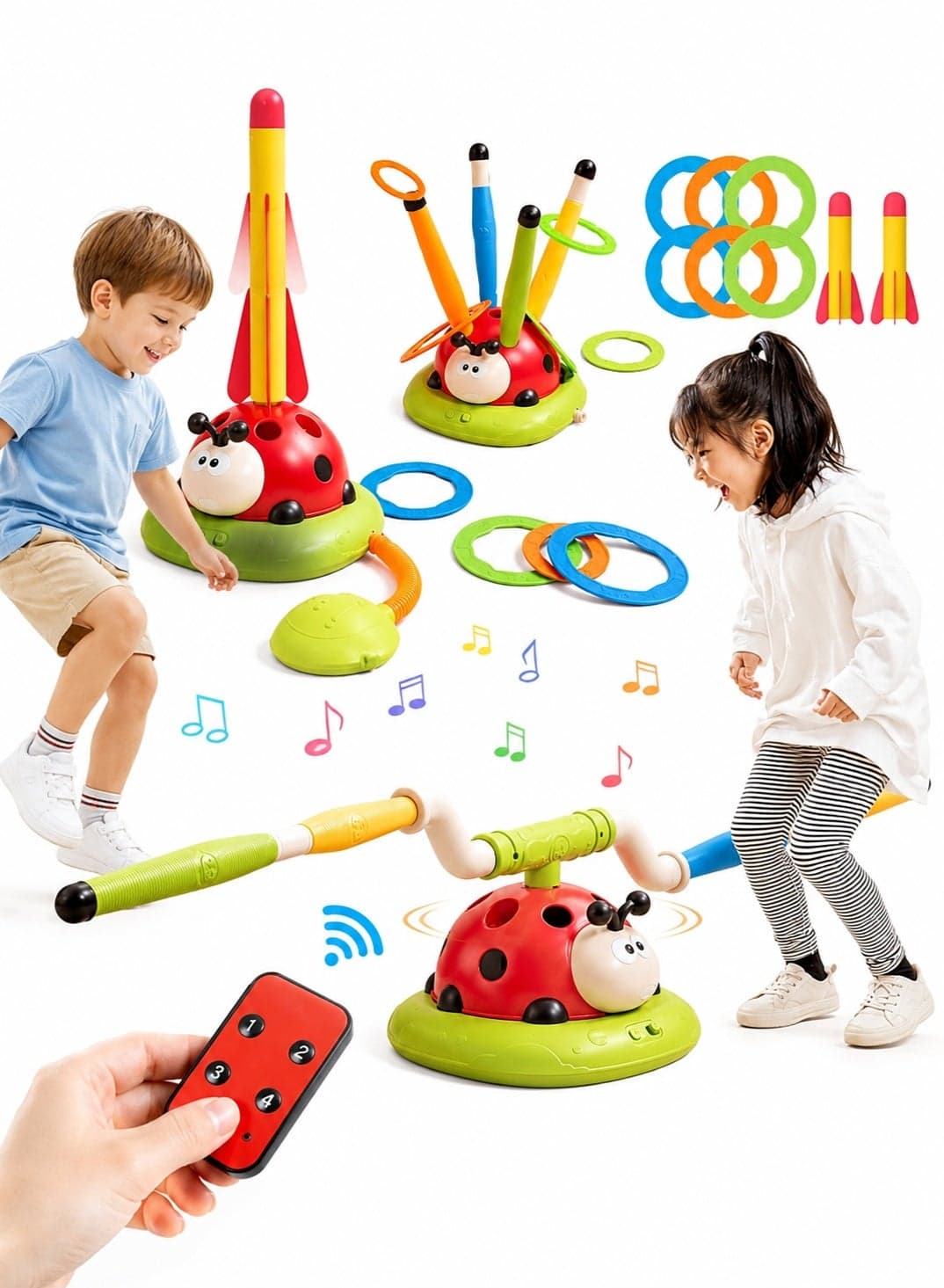 3-in-1 Outdoor & Indoor Toy Set for Kids – Musical Jump, Ring Toss Game & Rocket Launcher – Fun Learning Toy for Ages 3+