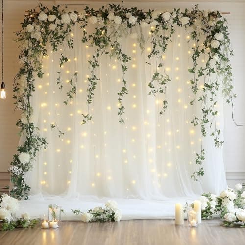 Xiomot Tulle Backdrop Curtain with Lights String 10FT X 8FT Ivory Sheer Tulle Backdrop Curtains for Wedding Birthday Party Reception Photo Booth Background Decorations 2 Panels 5x8FT
